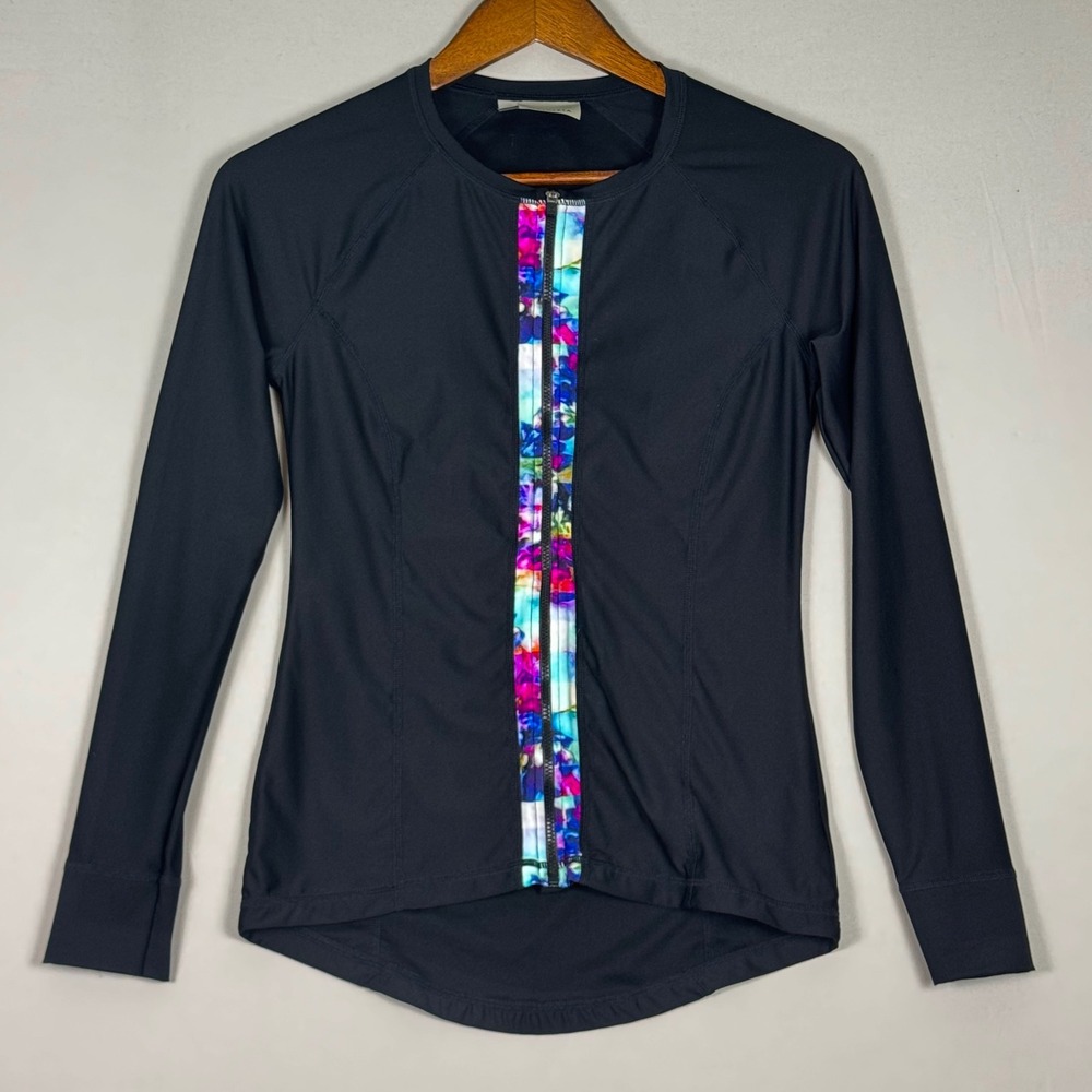 Athleta Rash Guard Women XS Black NWOT Floral Zip Front Long Sleeve Swim Top